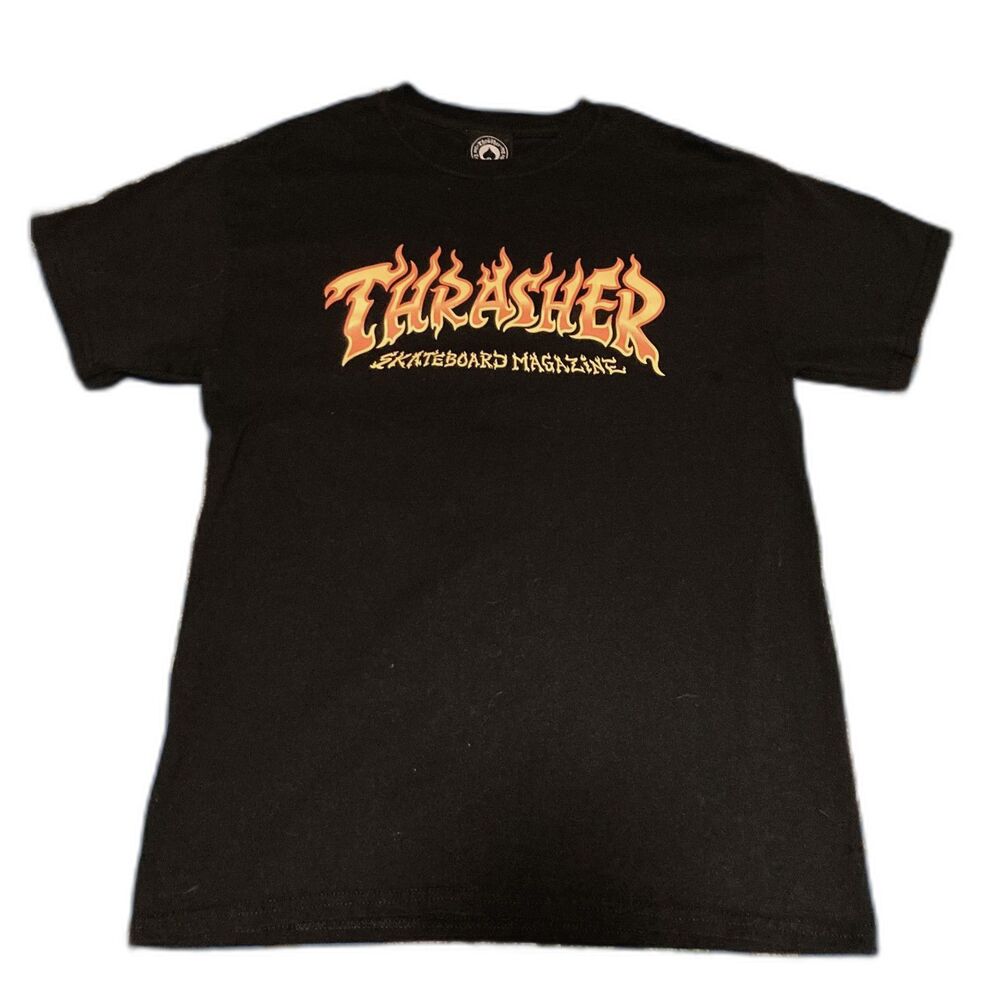 Y2K Thrasher Flame Logo T-Shirt Black Size L Fits M Spade Tag Retro